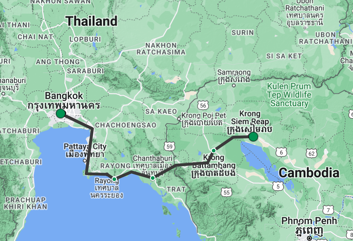 Map of route Bangkok to Angkor Wat