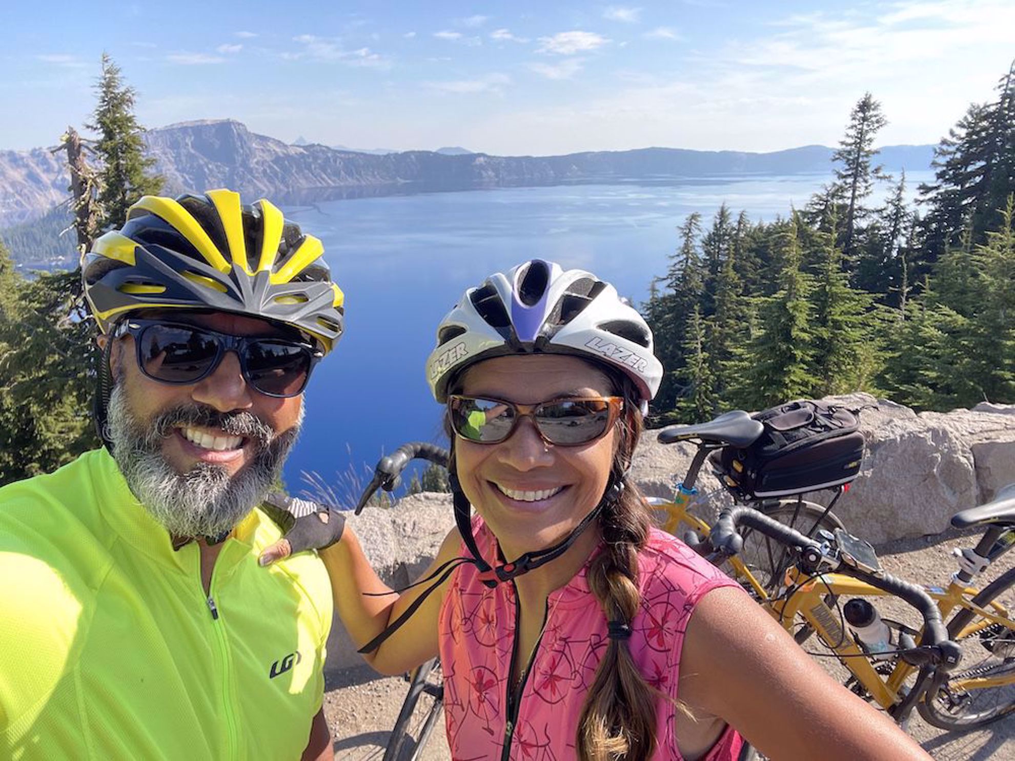 Family biking by Crater Lake